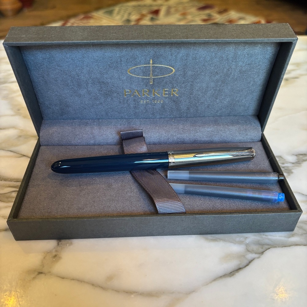 Parker 51 Revival Blue Fountain Pen Stainless Cap w/ Box Fine Nib Uninked Feed